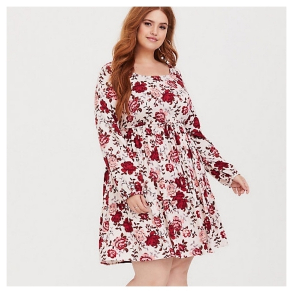 Torrid Ivory Floral Challis Drawstring Skater Dress Size 4 - Picture 1 of 7